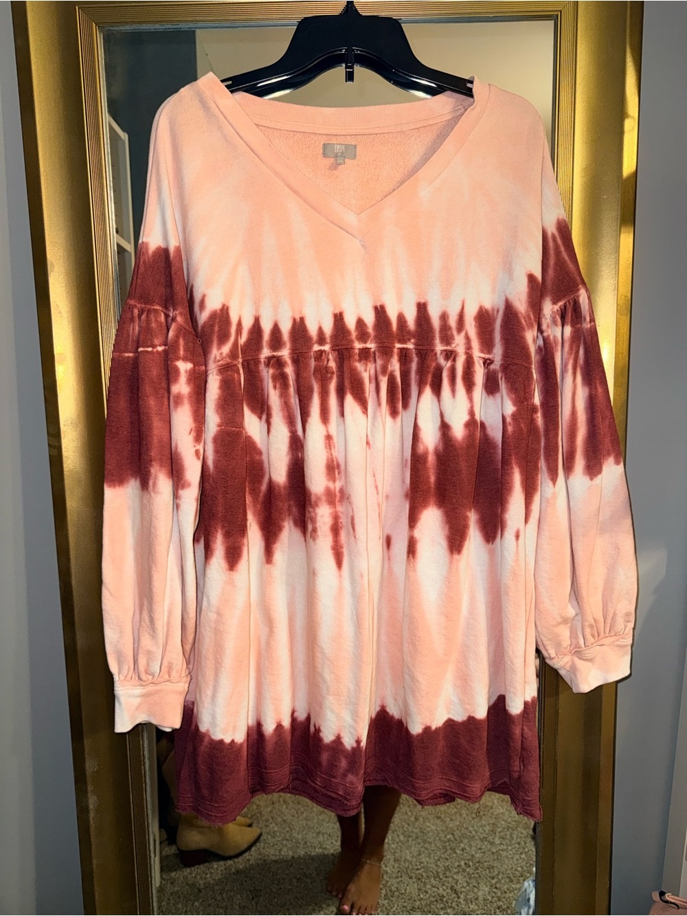 True Craft Pink and Brown Tie-Dye V-Neck Long Sleeve Tunic Dress